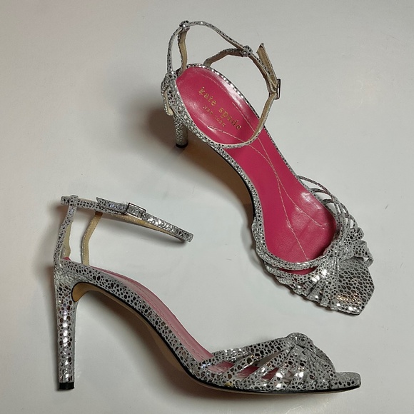KATE SPADE Metallic Silver Dot Print Ankle Strap Heels Size 8.5 - Picture 10 of 10